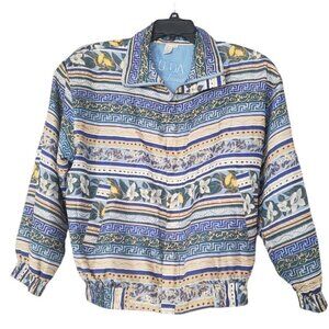 Fuda Greek Blue Silk Bomber Jacket  ( Mens Size M / Womens Size Large )